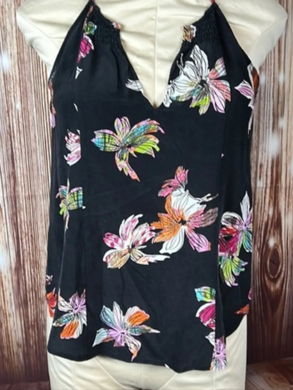 EUC Maeve Black Floral Halter Tank Top Camisole with Multicolor Blooms - Picture 6 of 6